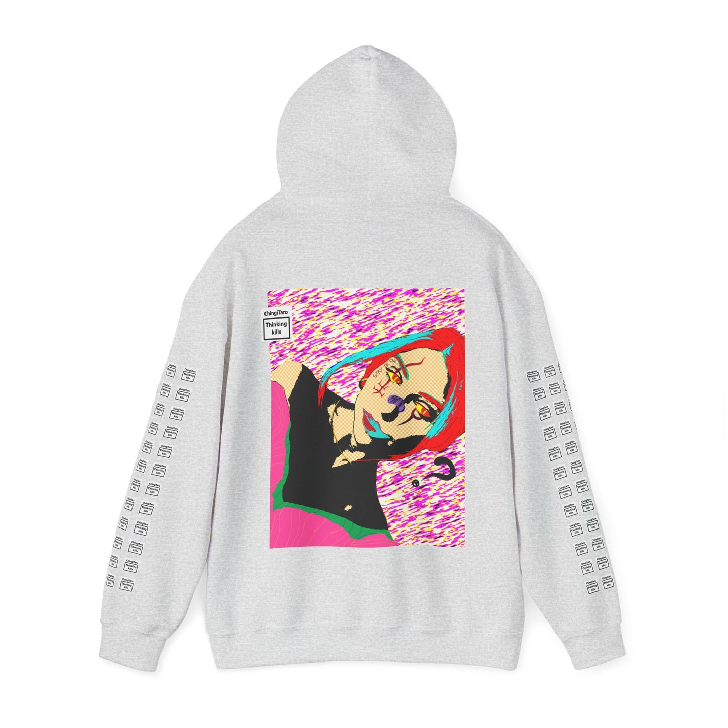 Michelle Stay in or 出?Japanese kanji arm print, Unisex Heavy Blend Hooded Sweatshirt