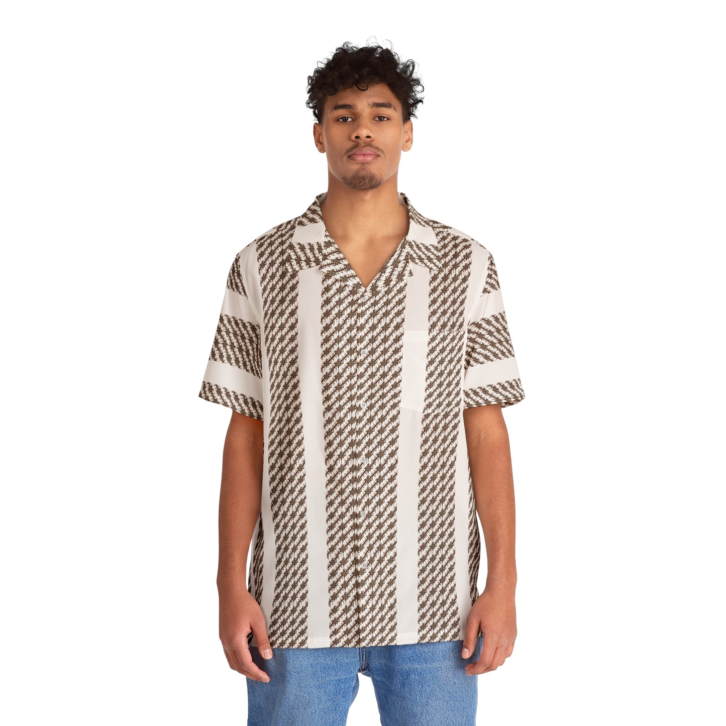 Men's Indonesian Batik striped pattern Shirt White & Bronze (AOP)