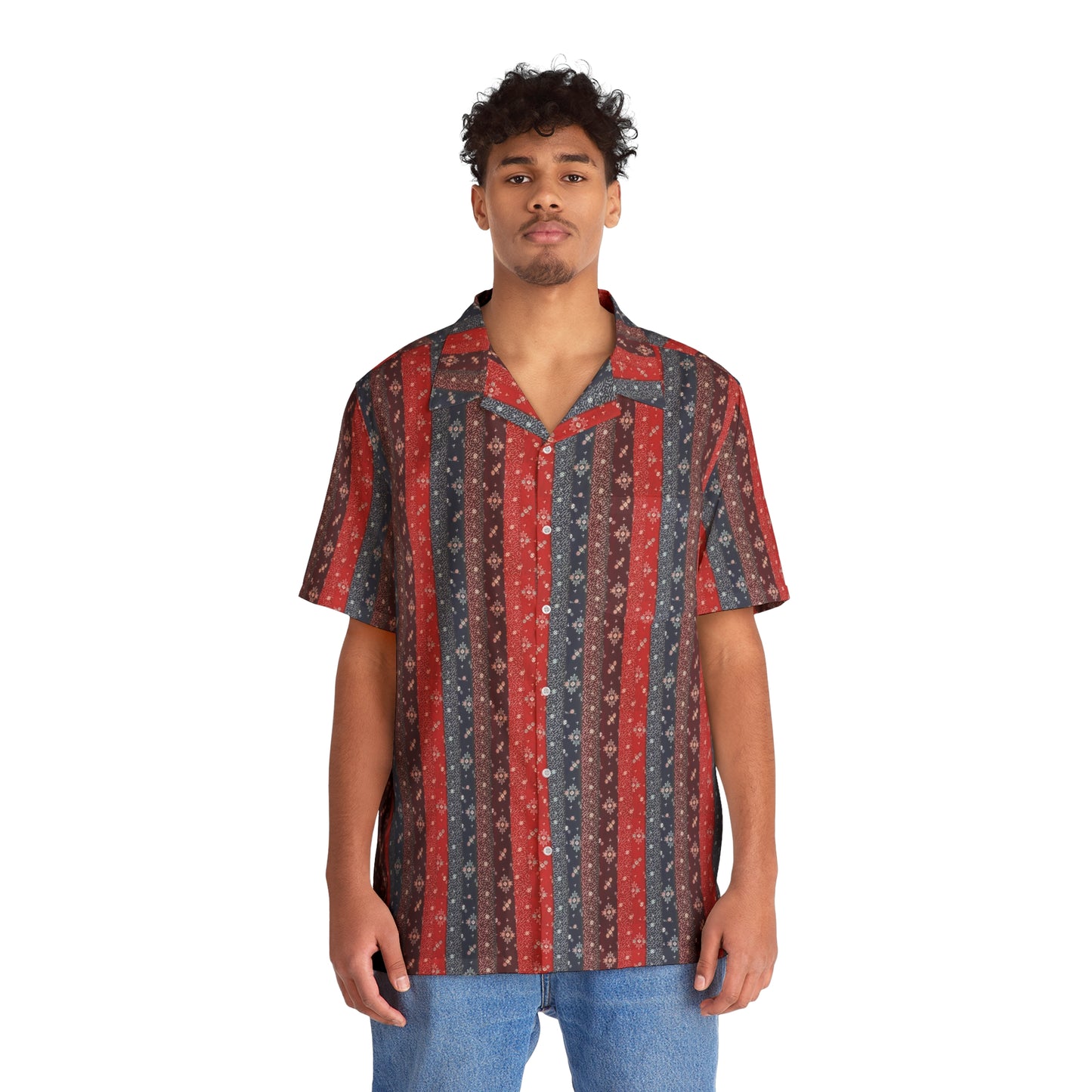 Men's Indonesian Batik Pattern Shirt red,blue & purple verttical lines(AOP)