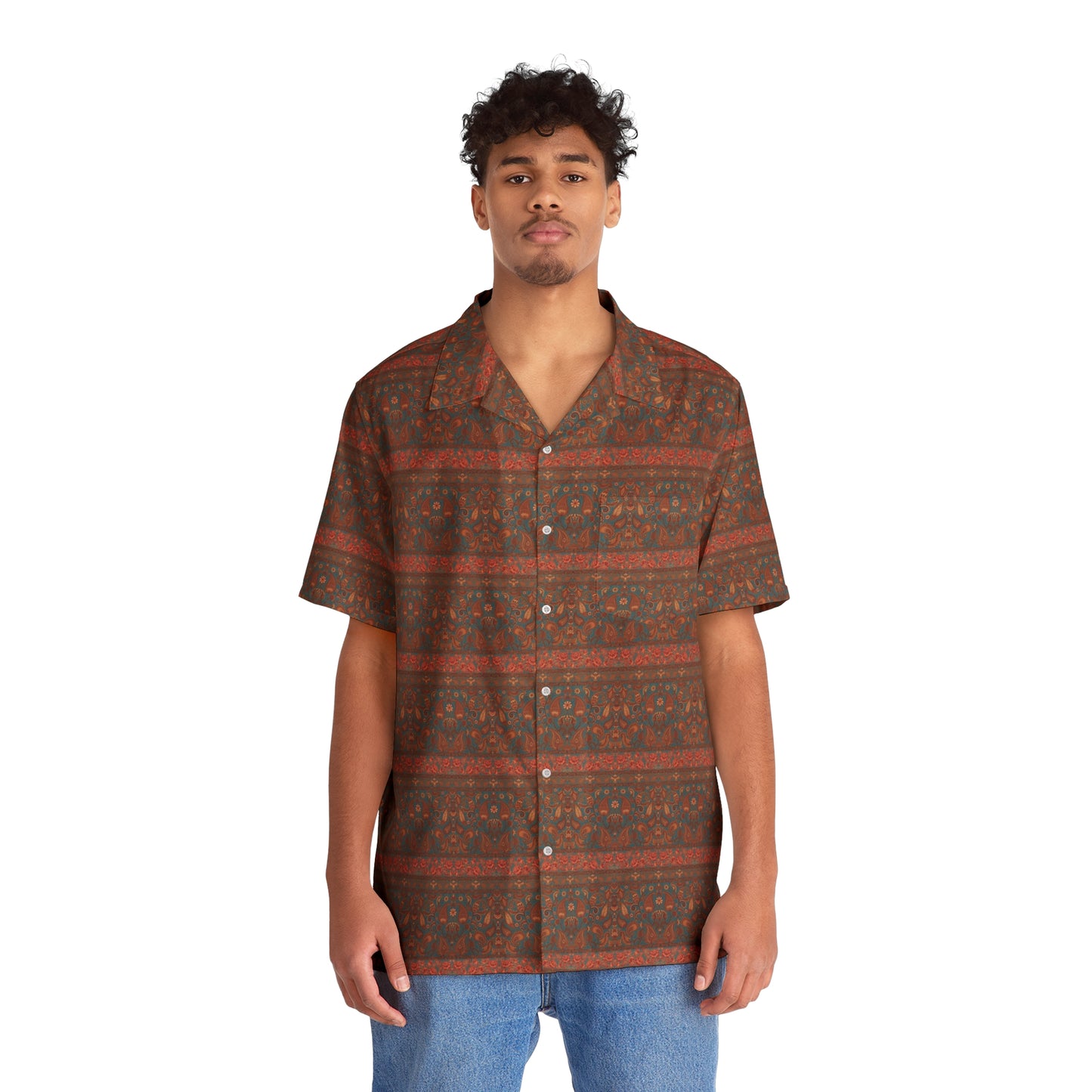 Men's Indonesian Batik Pattern Shirt Red & Blue Lines (AOP)