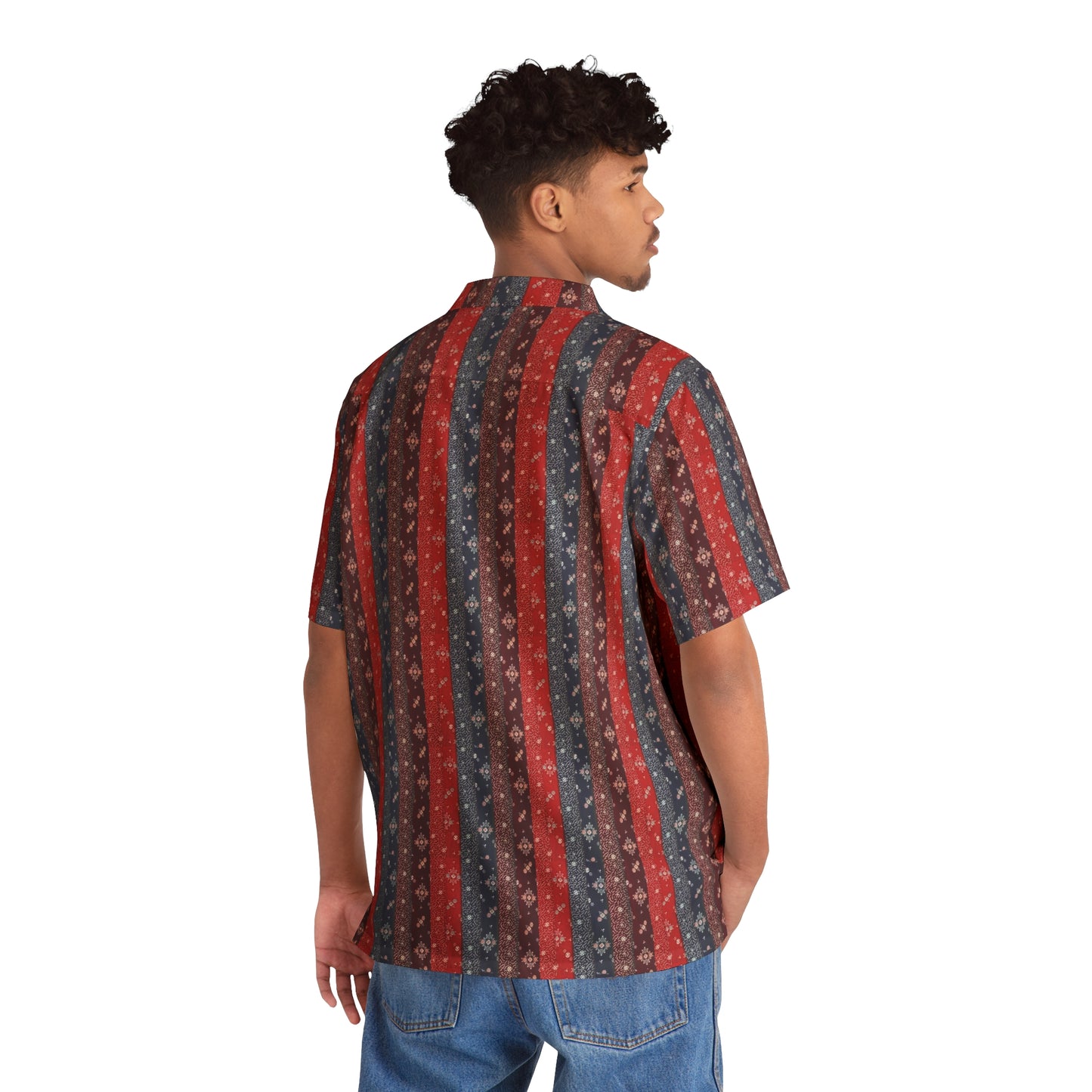 Men's Indonesian Batik Pattern Shirt red,blue & purple verttical lines(AOP)