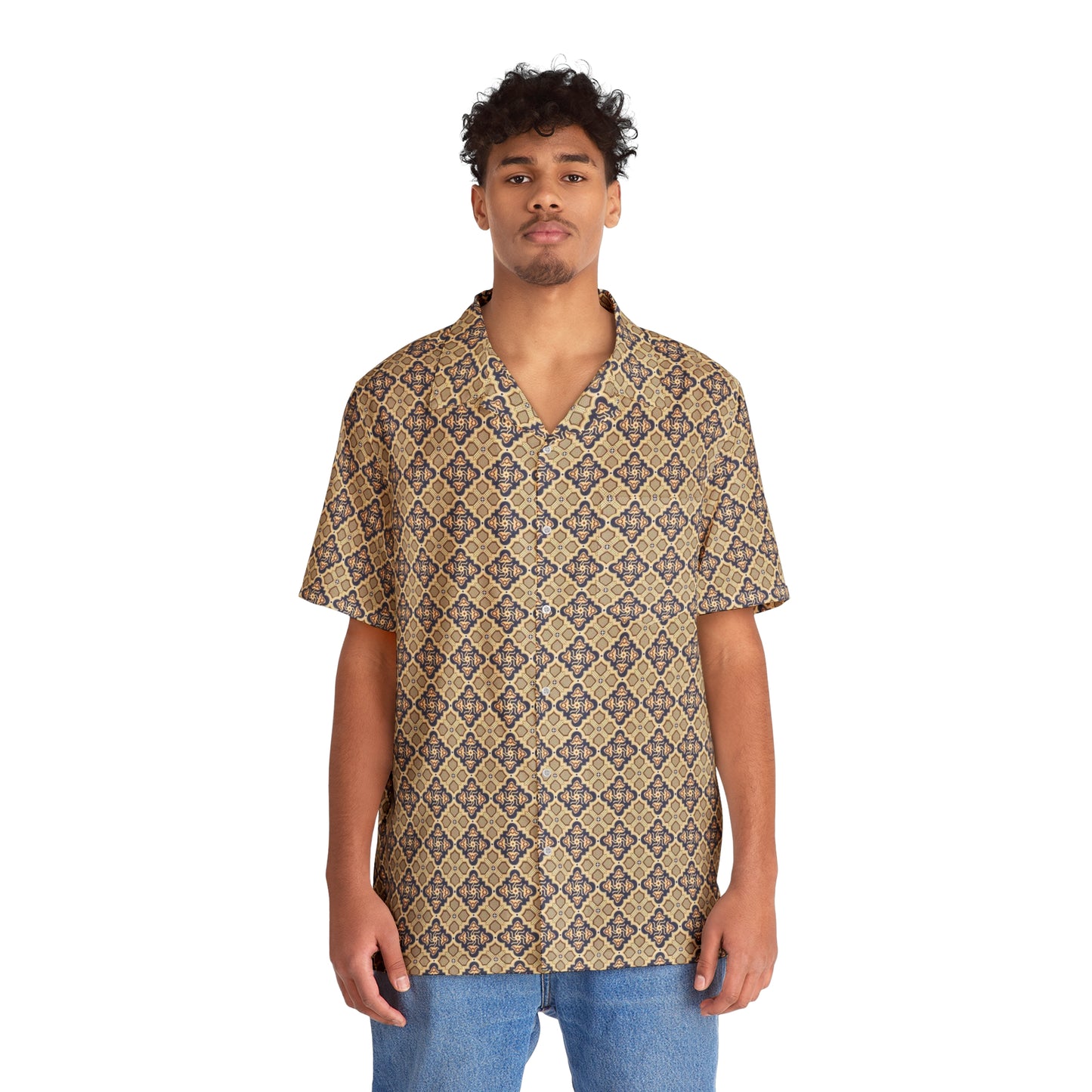 Men's Indonesian Batik Pattern Shirt yellow & blue mushroom (AOP)